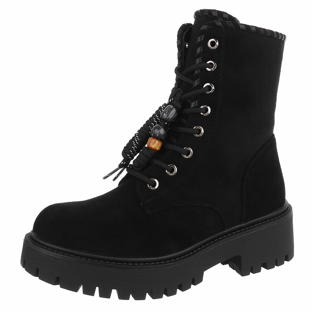 BOTTINES À LACETS NOIRES ASPECT DAIM – PERLES DÉCORATIVES & SEMELLE CRANTÉE MISS DAYANA