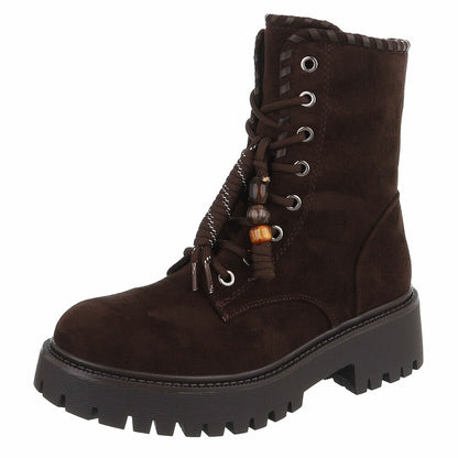 BOTTINES À LACETS MARRON ASPECT DAIM – PERLES DÉCORATIVES & SEMELLE CRANTÉE