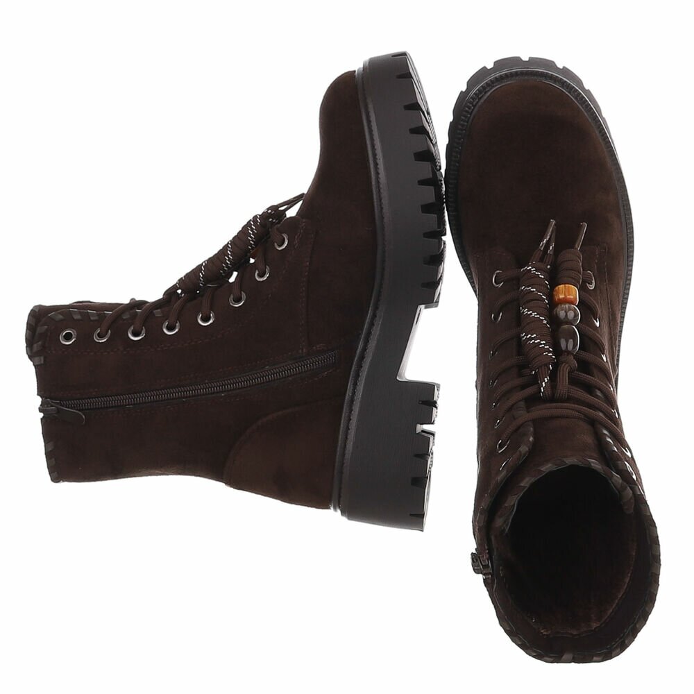 BOTTINES À LACETS MARRON ASPECT DAIM – PERLES DÉCORATIVES & SEMELLE CRANTÉE