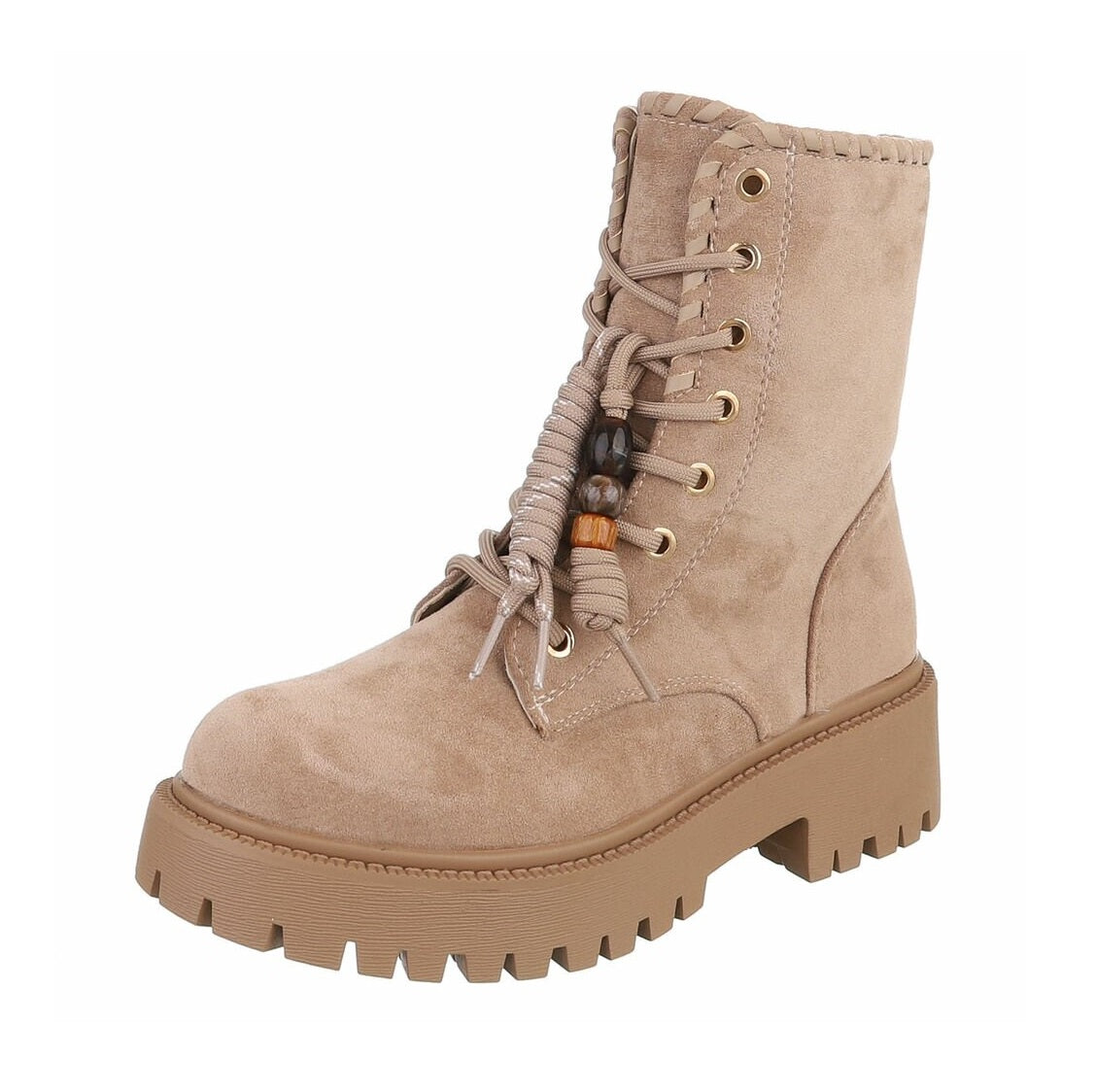 BOTTINES À LACETS BEIGE ASPECT DAIM – PERLES DÉCORATIVES & SEMELLE CRANTÉE MISS DAYANA