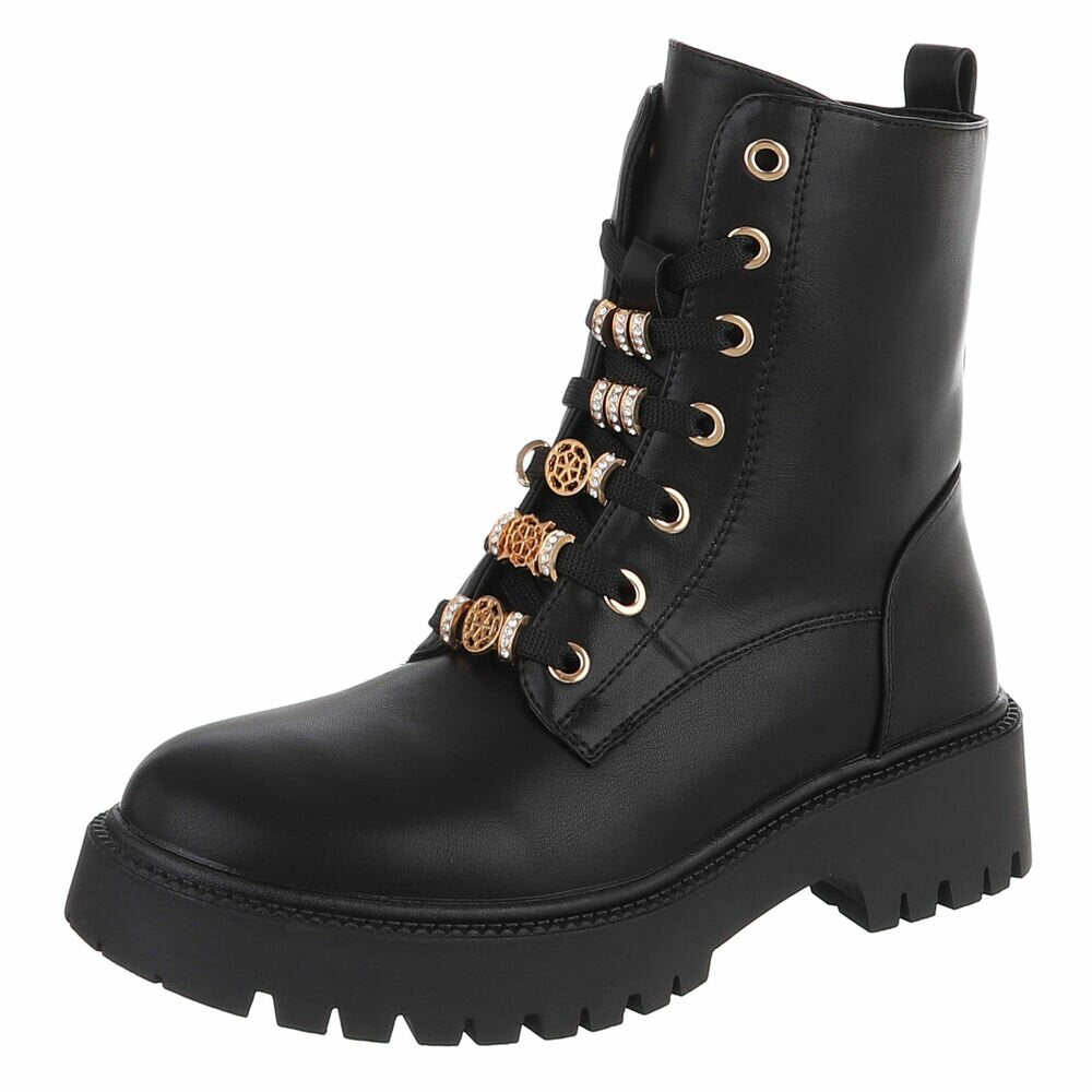 BOTTINES À LACETS NOIRES ASPECT CUIR – BIJOUX DORÉS & STRASS SUR LACETS MISS DEYON