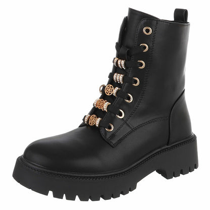 BOTTINES À LACETS NOIRES ASPECT CUIR – BIJOUX DORÉS & STRASS SUR LACETS MISS DEYON