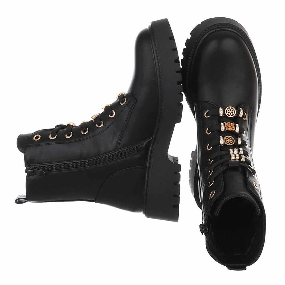 BOTTINES À LACETS NOIRES ASPECT CUIR – BIJOUX DORÉS & STRASS SUR LACETS MISS DEYON