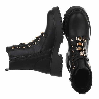 BOTTINES À LACETS NOIRES ASPECT CUIR – BIJOUX DORÉS & STRASS SUR LACETS MISS DEYON