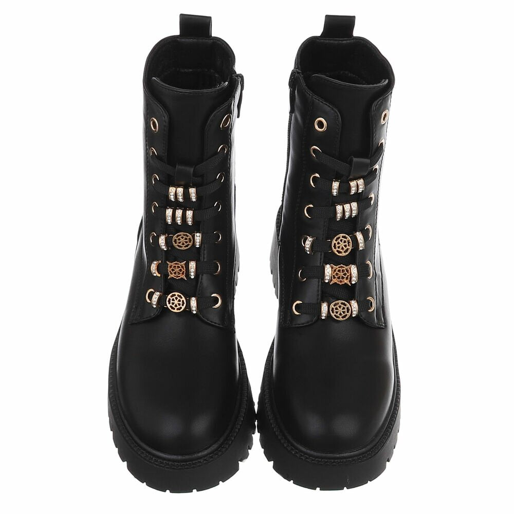 BOTTINES À LACETS NOIRES ASPECT CUIR – BIJOUX DORÉS & STRASS SUR LACETS MISS DEYON