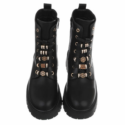 BOTTINES À LACETS NOIRES ASPECT CUIR – BIJOUX DORÉS & STRASS SUR LACETS MISS DEYON