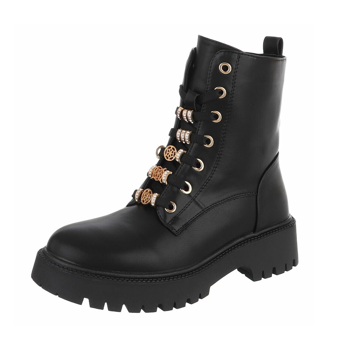 BOTTINES À LACETS NOIRES ASPECT CUIR – BIJOUX DORÉS & STRASS SUR LACETS MISS DEYON