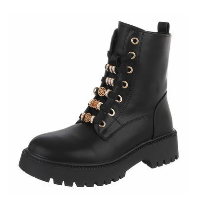 BOTTINES À LACETS NOIRES ASPECT CUIR – BIJOUX DORÉS & STRASS SUR LACETS MISS DEYON