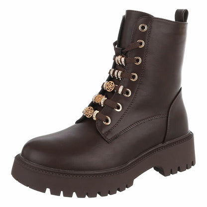 BOTTINES À LACETS MARRON ASPECT CUIR – BIJOUX DORÉS & STRASS SUR LACETS MISS DEYON
