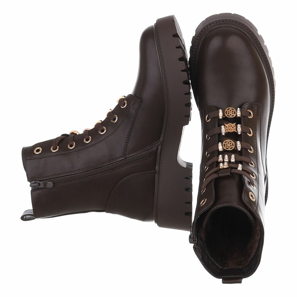 BOTTINES À LACETS MARRON ASPECT CUIR – BIJOUX DORÉS & STRASS SUR LACETS MISS DEYON