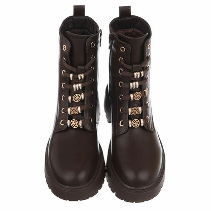 BOTTINES À LACETS MARRON ASPECT CUIR – BIJOUX DORÉS & STRASS SUR LACETS MISS DEYON