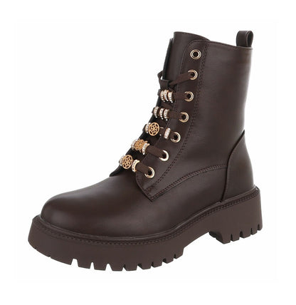 BOTTINES À LACETS MARRON ASPECT CUIR – BIJOUX DORÉS & STRASS SUR LACETS MISS DEYON