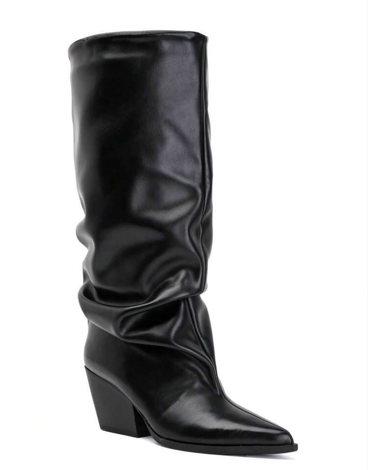 BOTTES HAUTES NOIRES EFFET FROISSÉ BOUT POINTU TALON BISEAUTÉ – MISS GRACE