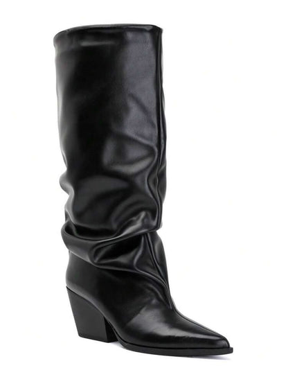 BOTTES HAUTES NOIRES EFFET FROISSÉ BOUT POINTU TALON BISEAUTÉ – MISS GRACE