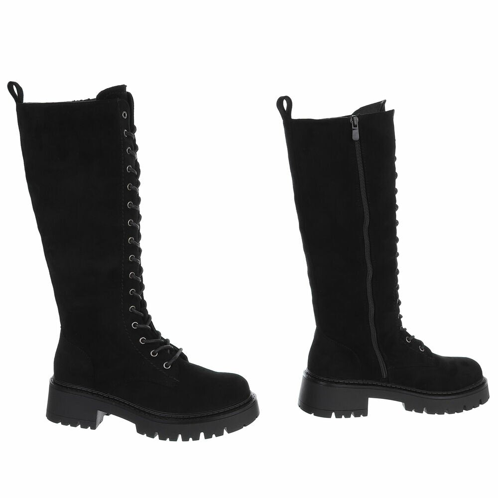 BOTTES HAUTES À LACETS NOIRES ASPECT DAIM – SEMELLE CRANTÉE