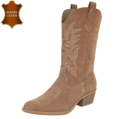 Chaussures femme bottes western coachella en daim veritable camel