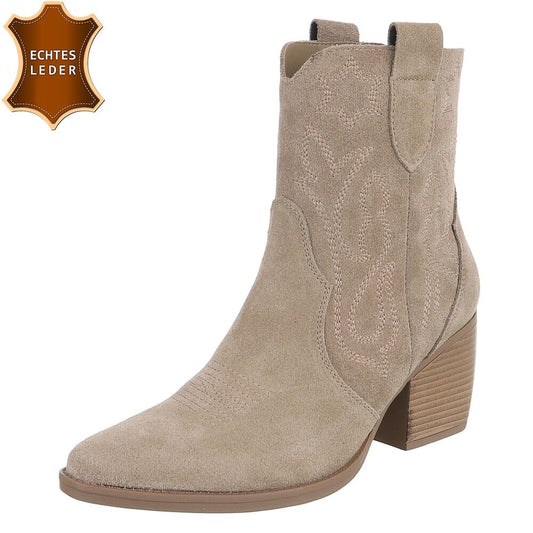 Chaussures femme bottes western coachella en daim veritable talon beige